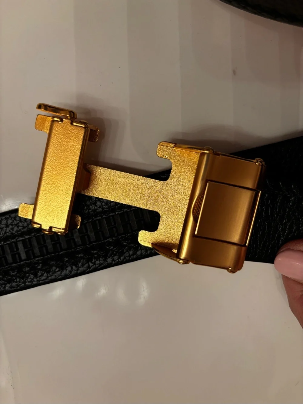 Black Leather Belt with Gold H Buckle